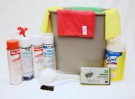 Bucket of Cleaning supplies including Glass & Oven Cleaner, Disinfectant, Air Freshner, Santitizer as well as microfiber clothes and scrubbing supplies