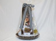 Gift Basket from Harbour Bay Clothing & Gifts - contents:
-Brie Baker (white)
-Parmesan Artichoke dip canister
-Brie topping Apple Salted Caramel
-Black Hawaiian salt canister
-Charcuterie board
-black oval baker
Napkins - black