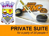 Use of the Sarnia Sting and City of Sarnia Community Suite (#15) for the Sarnia Sting vs Sault St. Marie game at 2:05 on Monday Feb. 19 (Family Day) - Includes 20 tickets. Food and beverages are an additional expense to the ticket holders